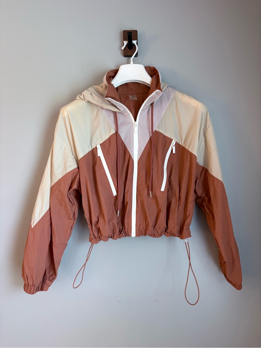 AOS Revival Small Cropped Colorblock Windbreaker Jacket Hooded Drawstring Ochre